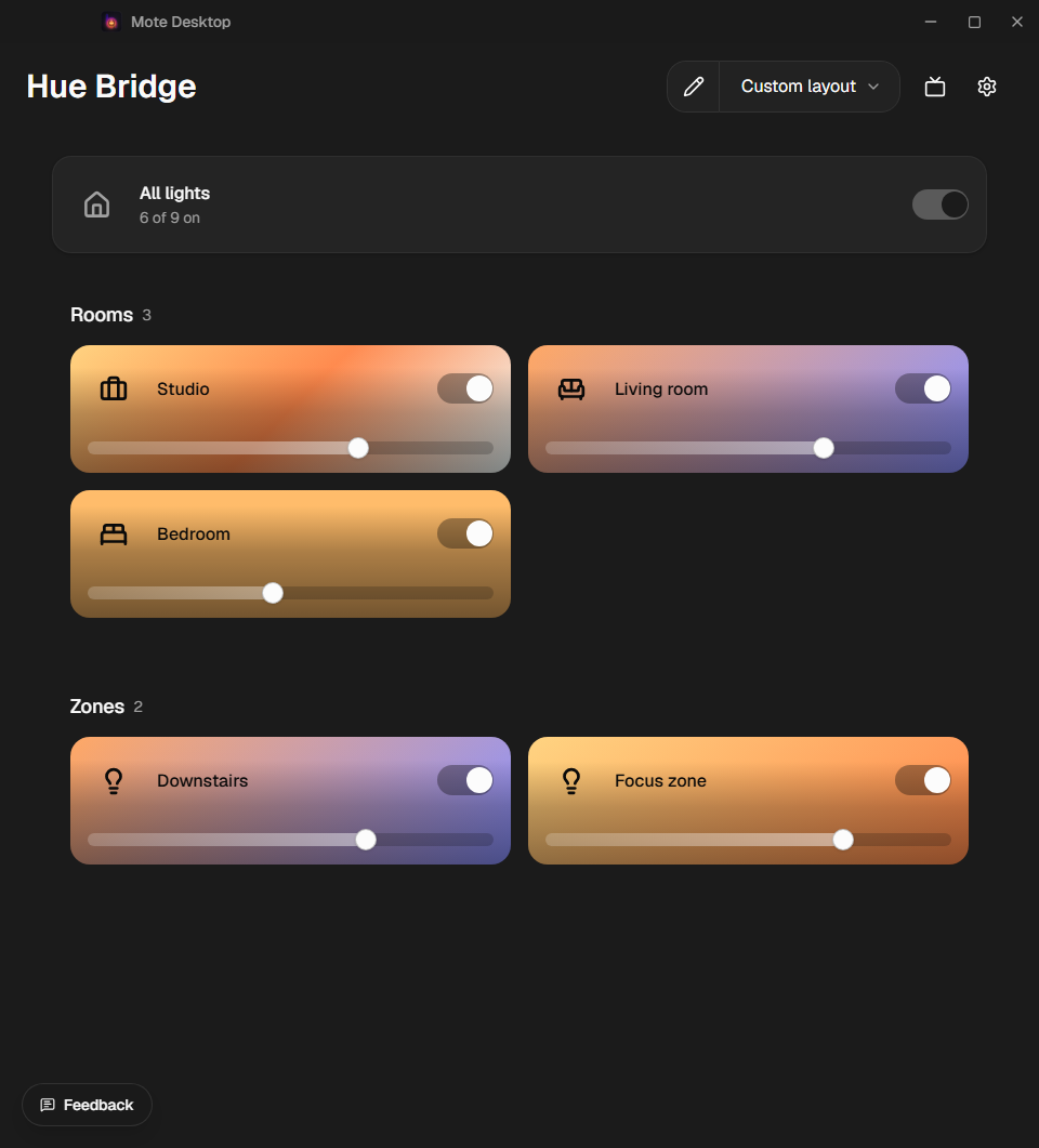 Mote Desktop dashboard with colorful Hue room controls