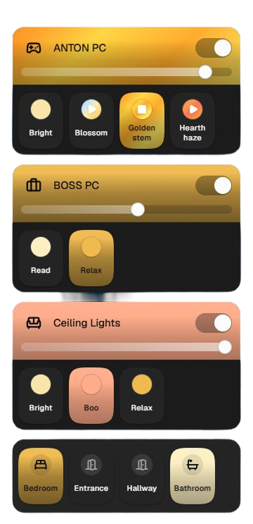 A stack of colorful Mote Desktop widgets for rooms, scenes, and lights