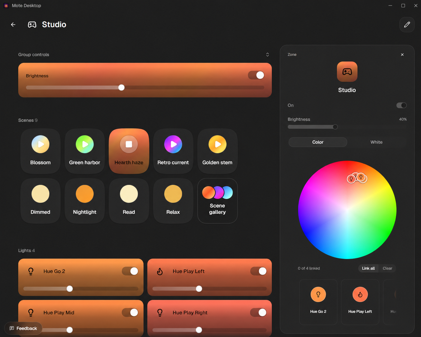 Mote Desktop room view with scene tiles, individual light controls, and a color inspector