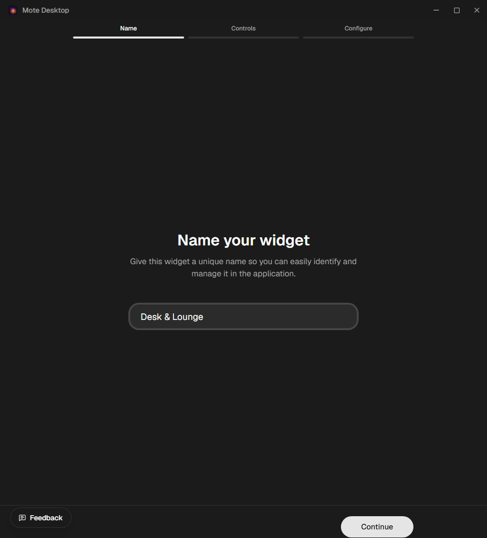 Mote Desktop widget creation screen for naming a widget